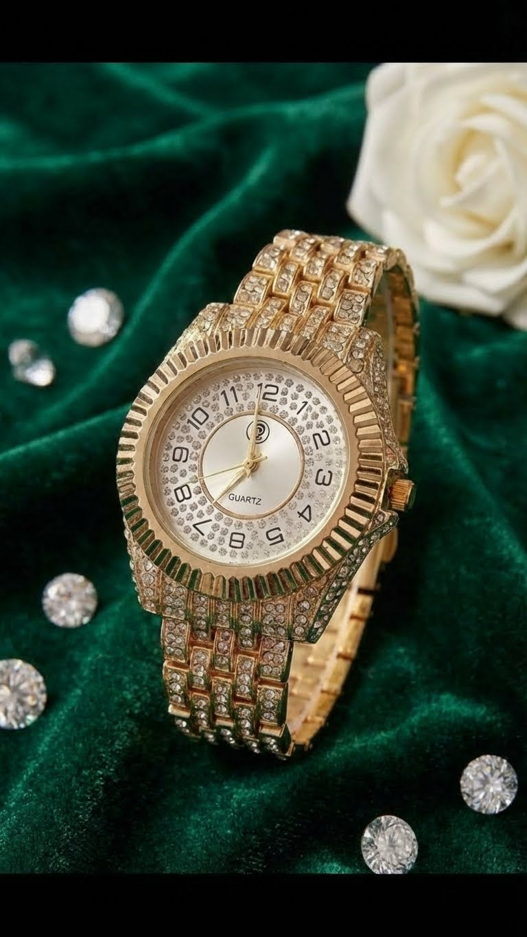 Bioo Apex Glitz Iced‑Out Gold‑Tone Quartz Watch