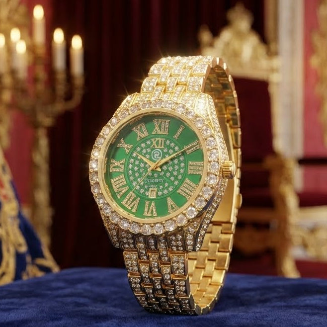Gold watch with green face on a blue cushion in an ornate room with candles and tapestries.