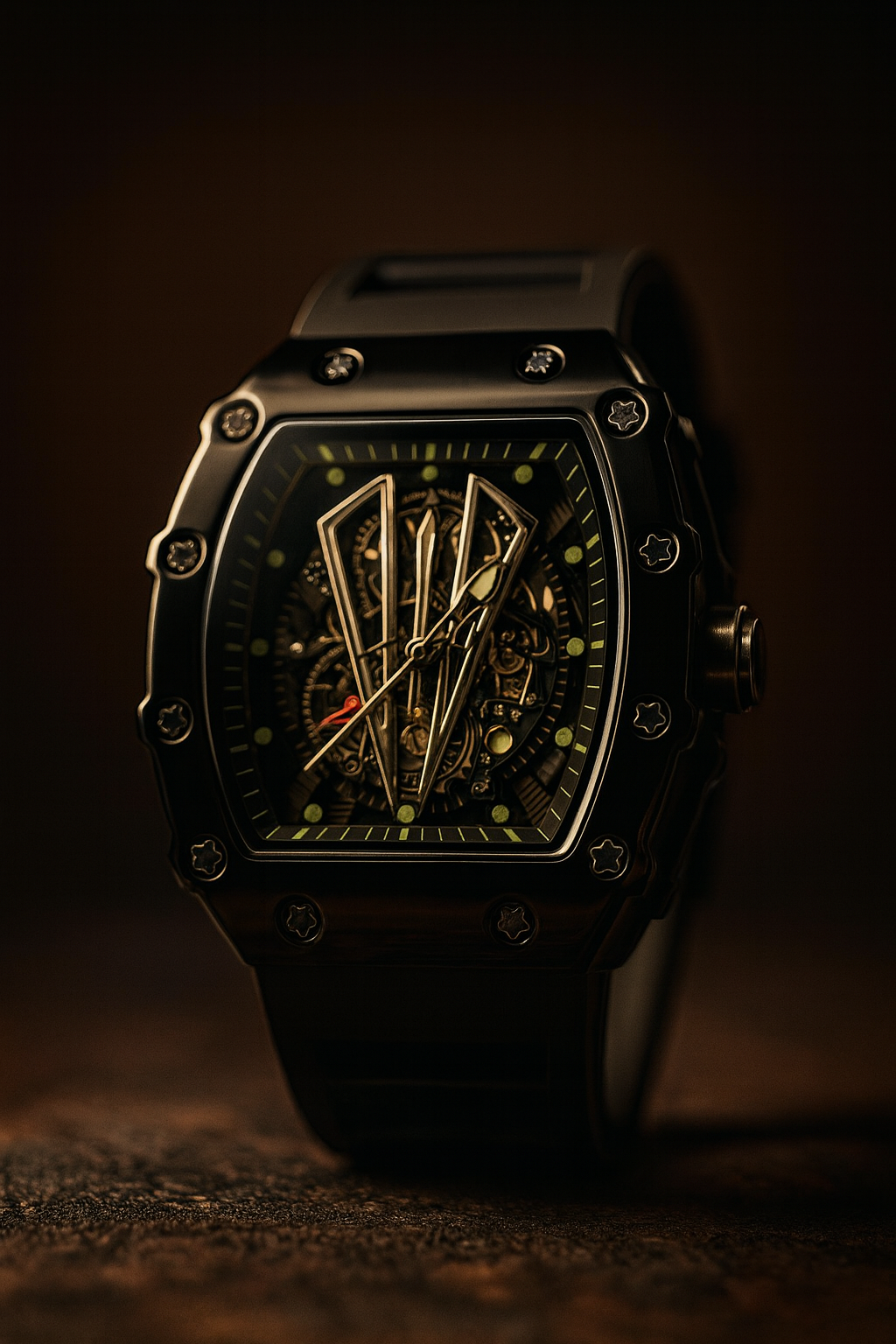 The Apex Chronos: Bold Tonneau-Style Skeleton Watch (Black Edition)