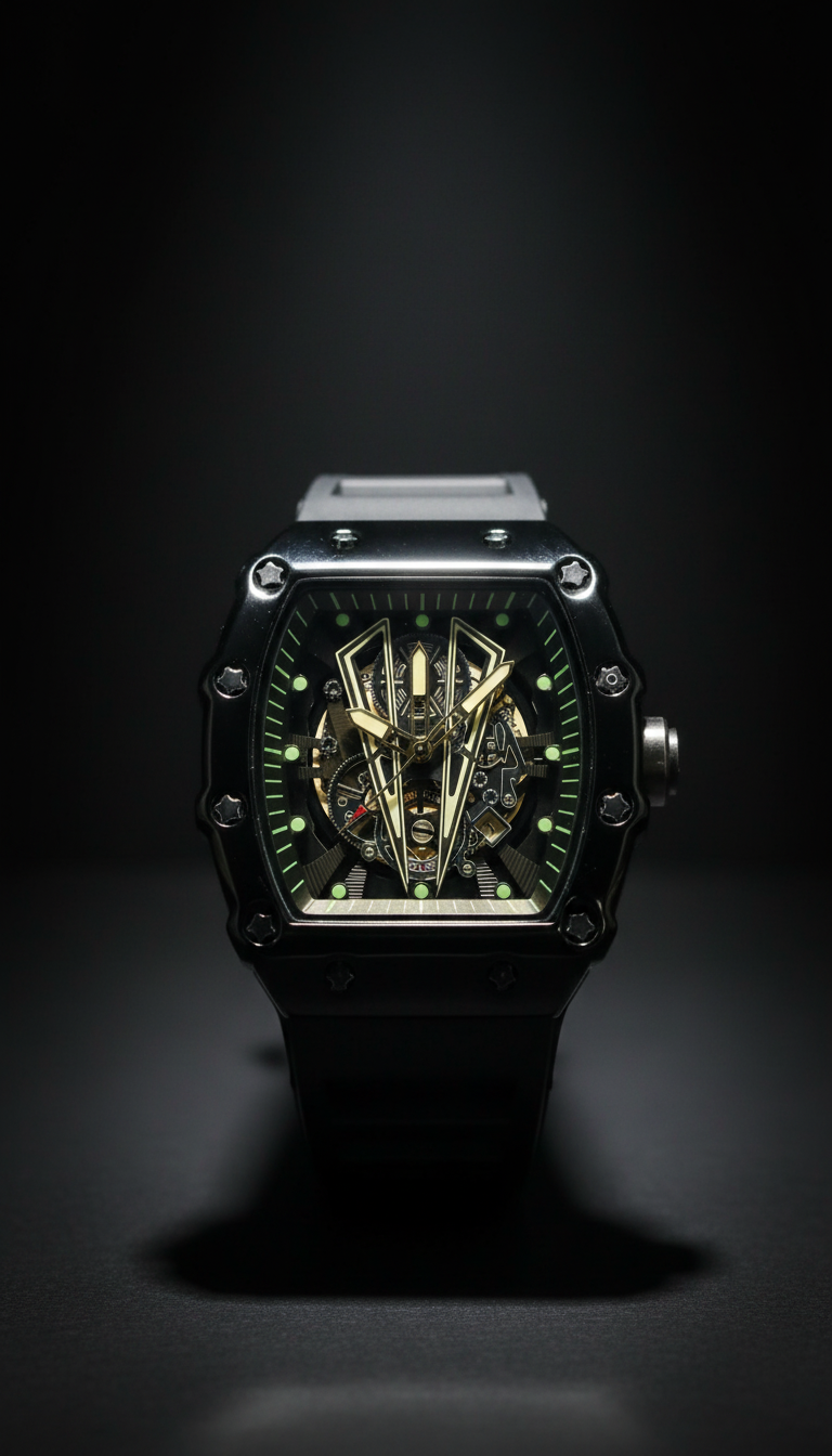 The Apex Chronos: Bold Tonneau-Style Skeleton Watch (Black Edition)