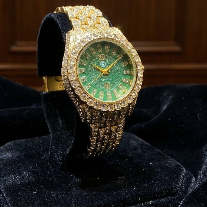 Luxury Iced Out Green Dial Roman Numeral Quartz Watch - Gold Tone
