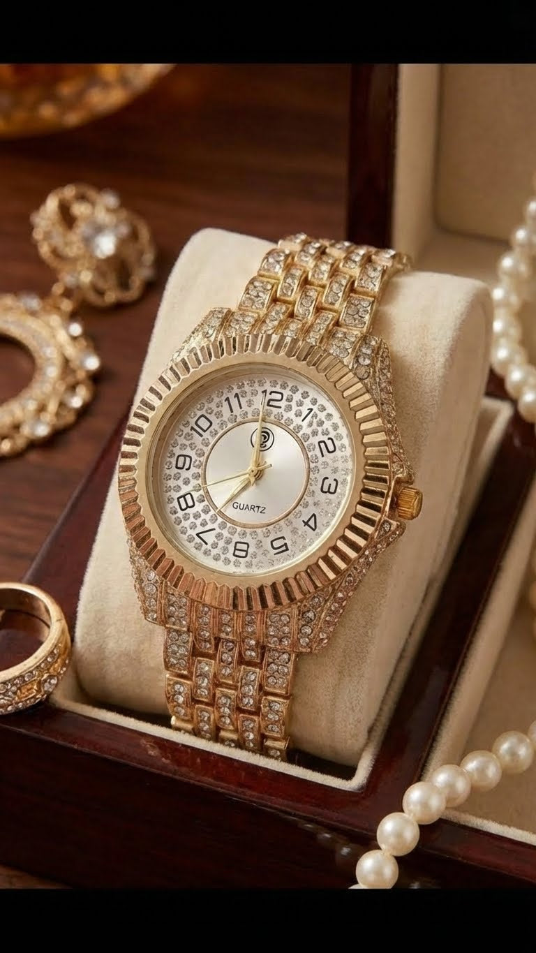 Bioo Apex Glitz Iced‑Out Gold‑Tone Quartz Watch