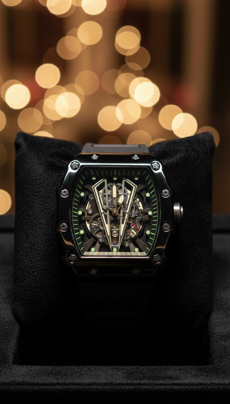 The Apex Chronos: Bold Tonneau-Style Skeleton Watch (Black Edition)