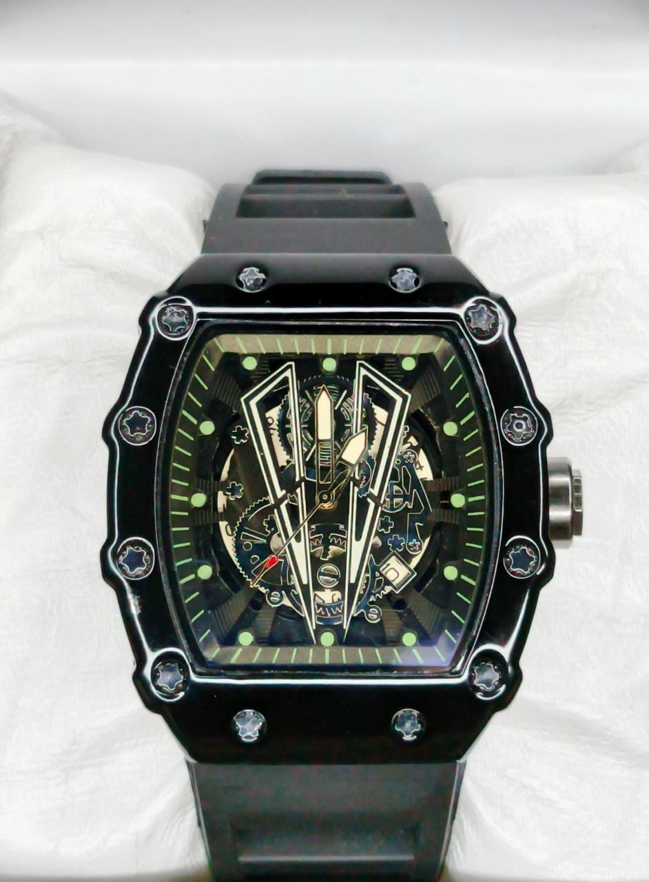 The Apex Chronos: Bold Tonneau-Style Skeleton Watch (Black Edition)